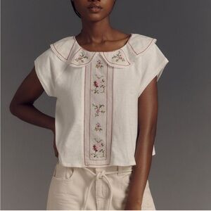 Anthropologie White Peasant Blouse with Pink Floral Embroidery Medium